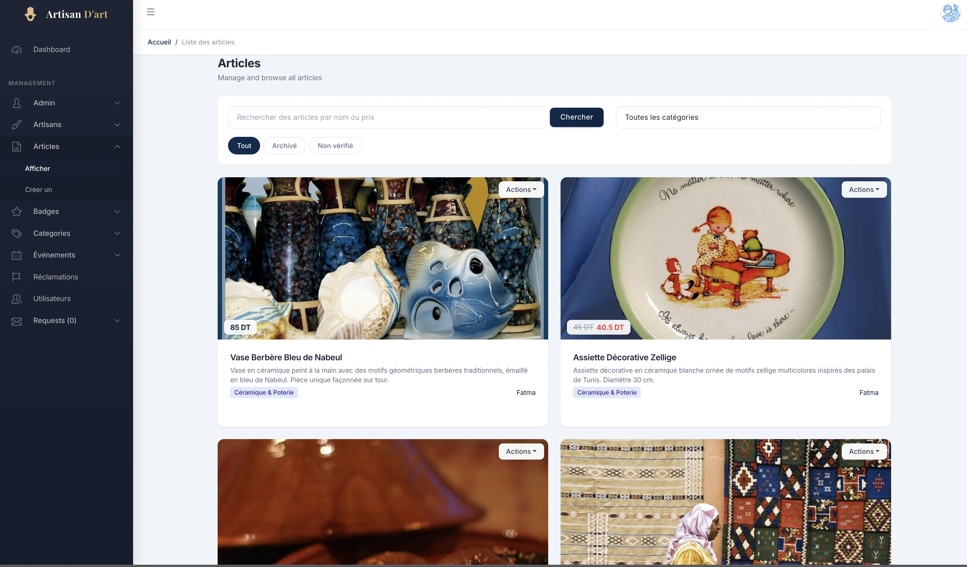 Dashboard - Gestion Articles