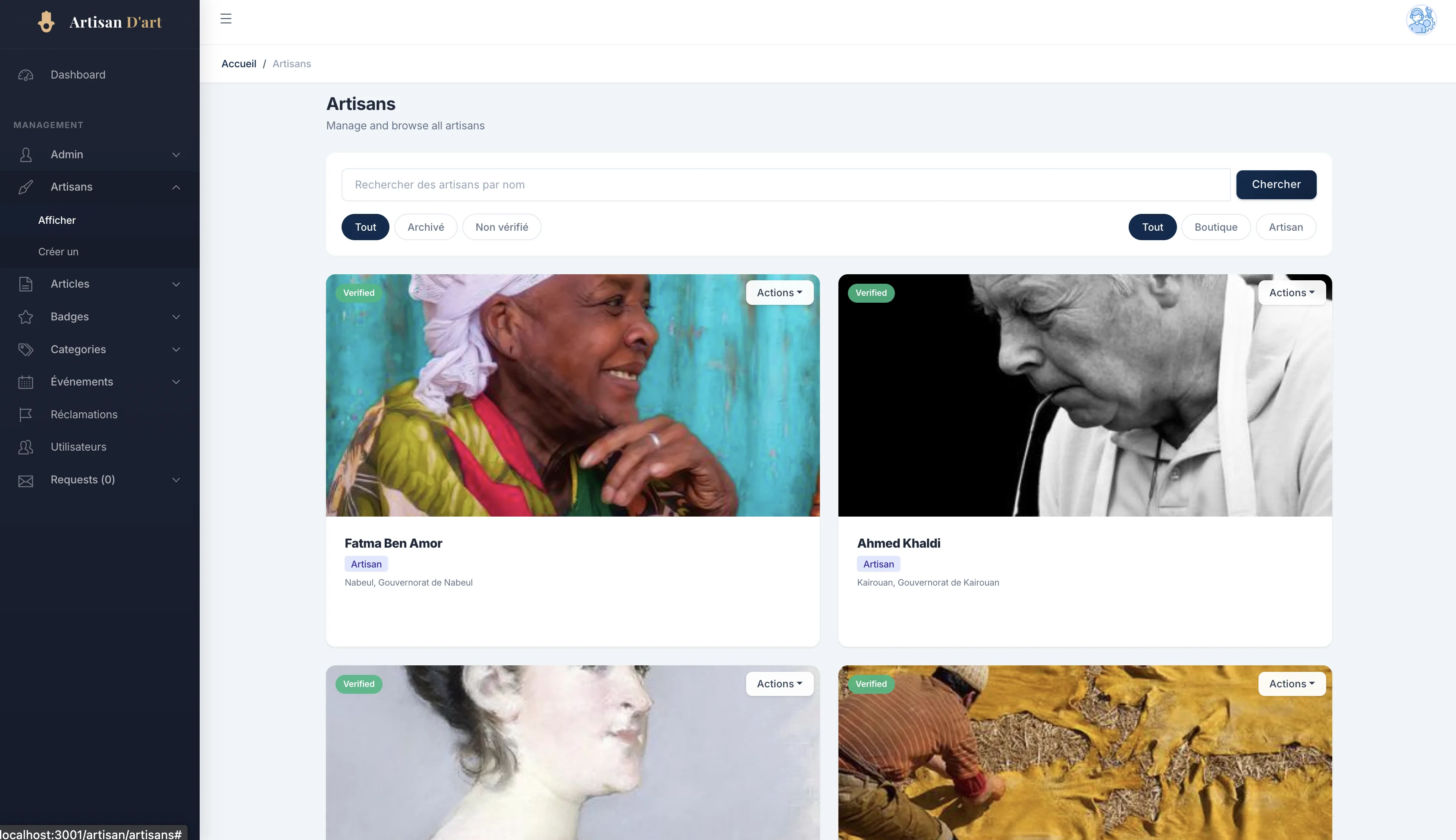 Dashboard - Gestion Artisans
